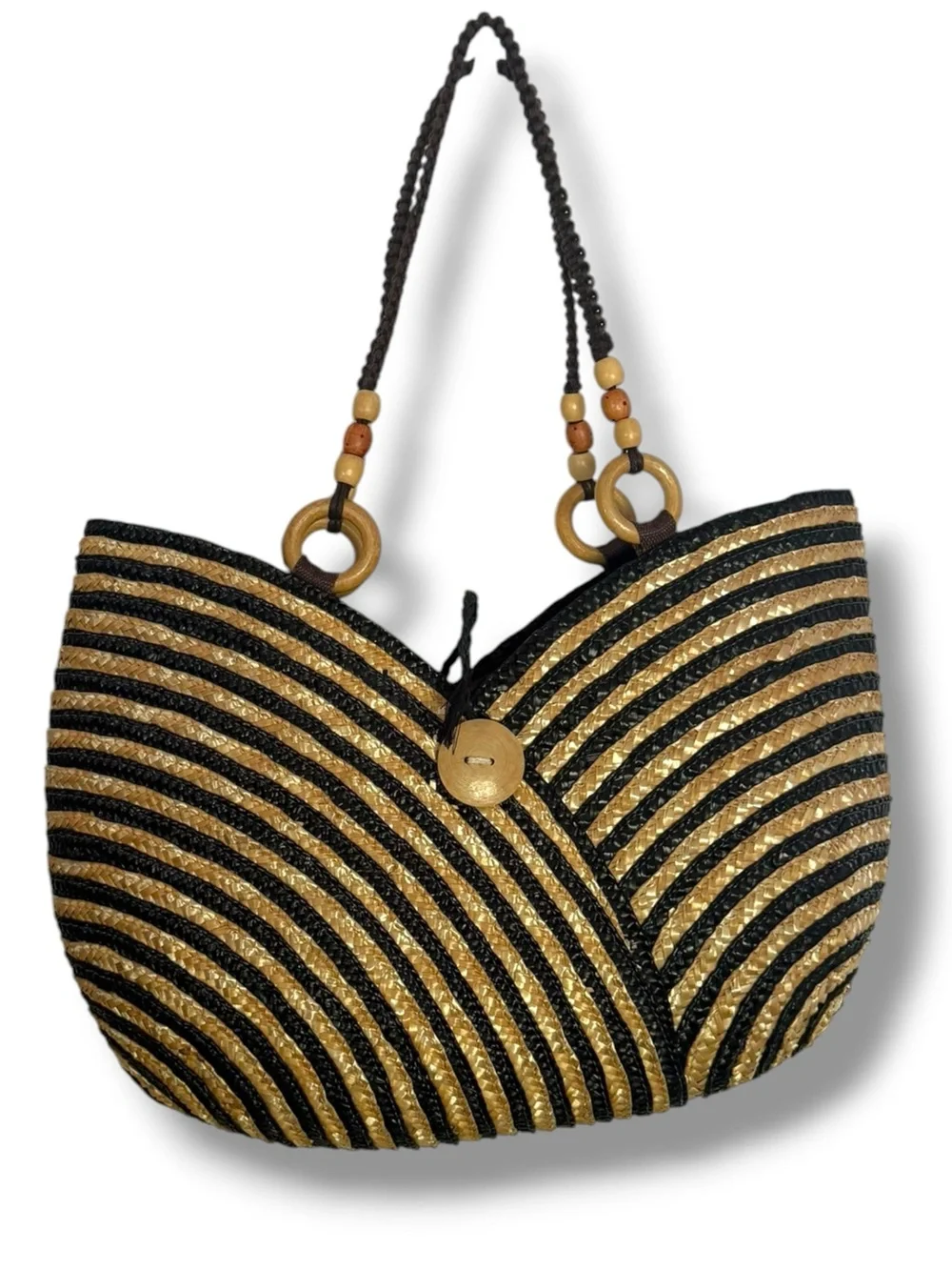 Woven Straw Tote Shoulder Bag in Black and Natural - Picture 2 of 6